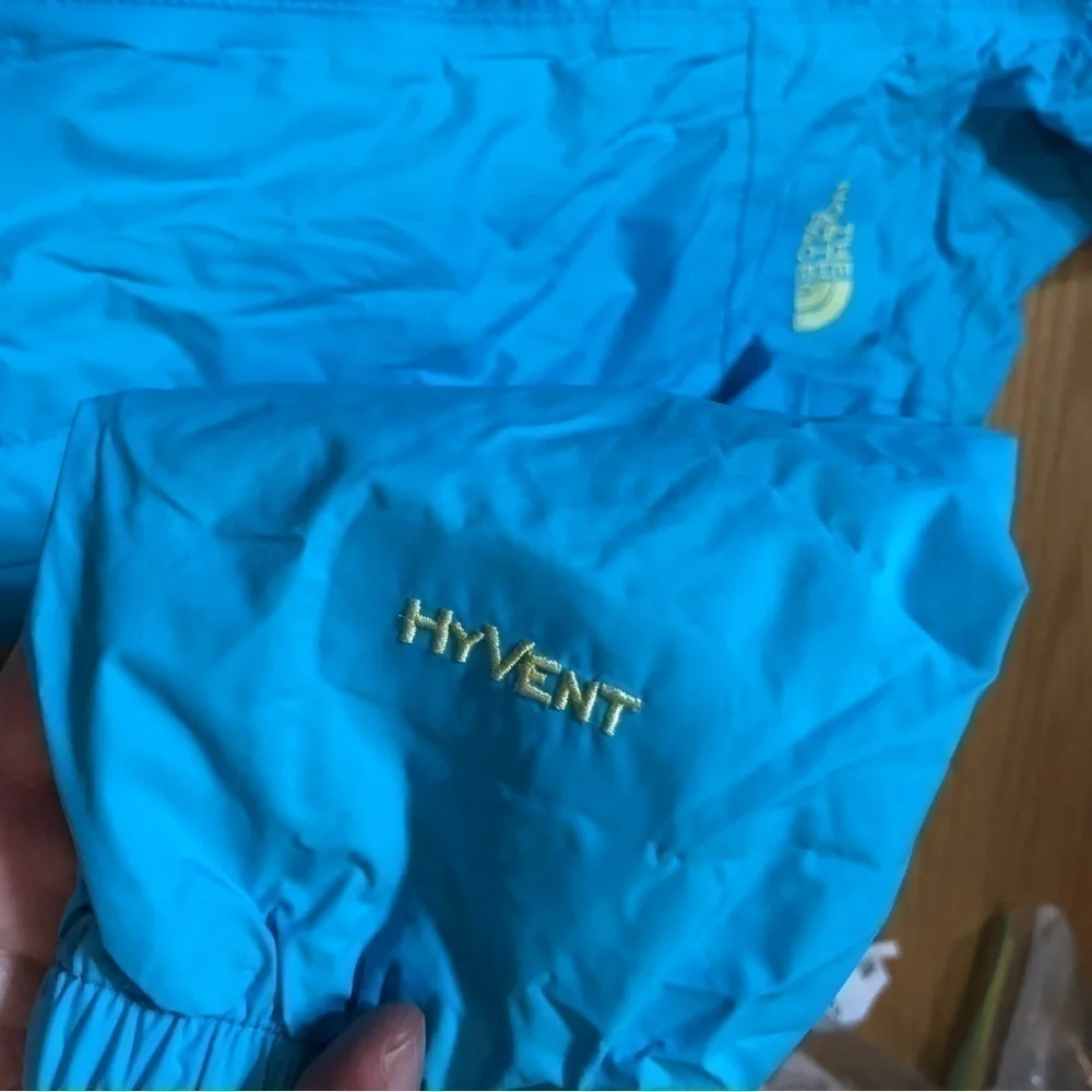 North Face Blue Rain Jacket XXS 5 Green Lined Plaid Hood Kids Hyvent